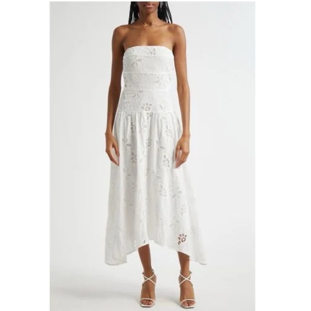 Ramy Brook Blanca Embroidered Strapless Cotton Dress White